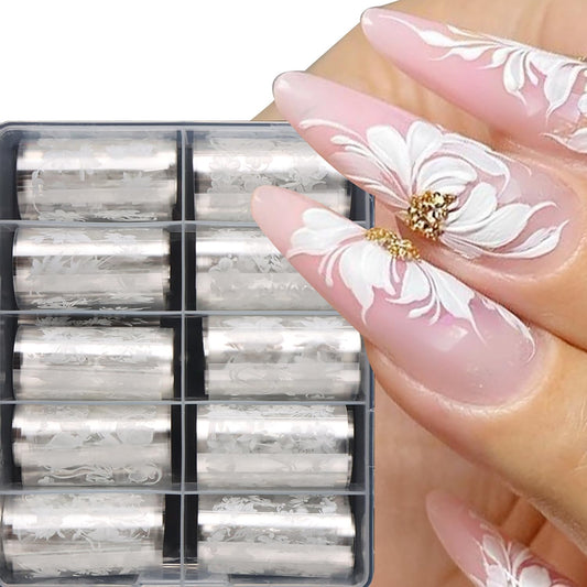 10 Rolls Flower Nail Foils Transfer Nail Art, White Flowers Nail Foil Transfer Stickers Spring Summer Nail Design Stickers Cute Floral Butterfly Nail Art Foils Decals DIY Manicure Supplies for Women