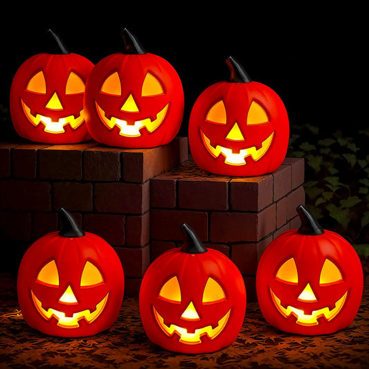 Kittmip 6 Pcs 8.5 Inch Halloween Plastic Jack O Lantern Pumpkins Battery Operated LED Pumpkin Decoration Light up Jack-o Lantern for Indoor Outdoor Yard Lawn Porch Garden Party(Orange)