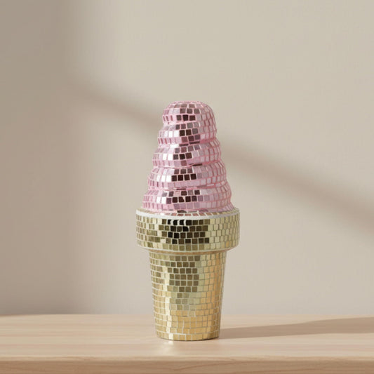 Mirror Mosaic Ice Cream Ornament Statue - Playful Pop Figurine for Home, Office, or Living Room Decor - Eye Catching Sculpture for Shelf, Room, Bathroom, and Coffee Table Decor - 9", Pink & Yellow