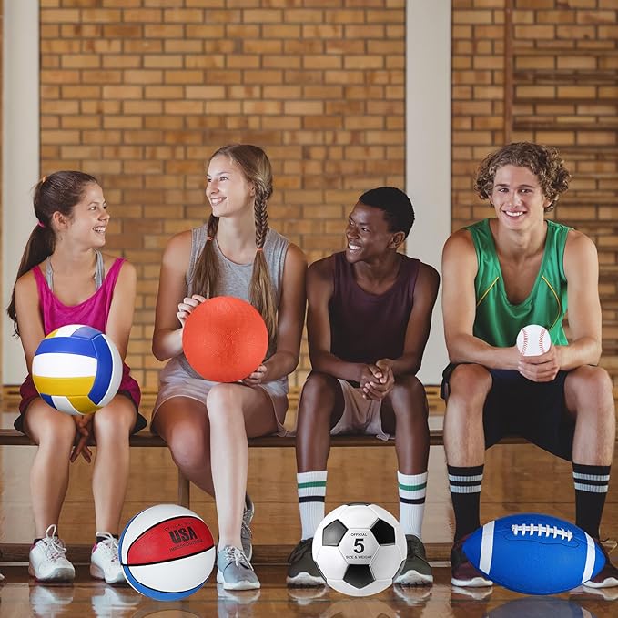 Libima 6 Pcs Multi Sport Ball Set Official Size Football, Basketball, Soccer, Volleyball, Playground Ball, Baseball with Sports Equipment Bag Pump for Teen Adult Christmas School Gift
