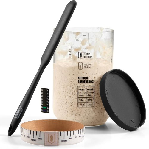 Kook Sourdough Starter Kit - Complete Set with Glass Jar, Thermometer & Guide | 30 oz