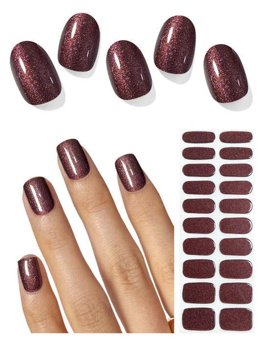 AutyaMee Semi Cured Gel Nail Strips (Glitter Umber), 20 Pcs Deep Brown Gel Nail Wraps, Stickers, Salon Quality, Brown, Works with Any UV Lamps