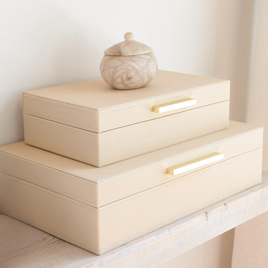 ZICOTO Decorative Storage Boxes with Lids – Set of 2 Beautiful PU Leather Organizer Bins for Your Bookshelf Home Decor - Safely Store Photos, Documents and Memory Box Keepsakes in Style