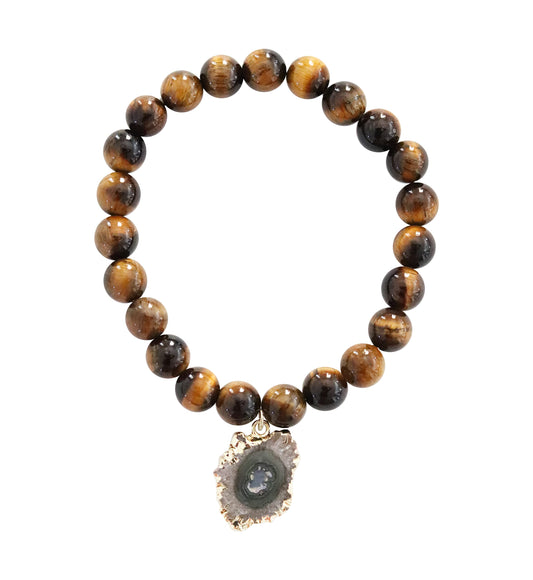 T. VICTORIA - Brown Natural Tiger Eye Protection Prosperity Stalactite Charm Healing Crystal Gemstone Beaded Stretch Statement Bracelet 7"