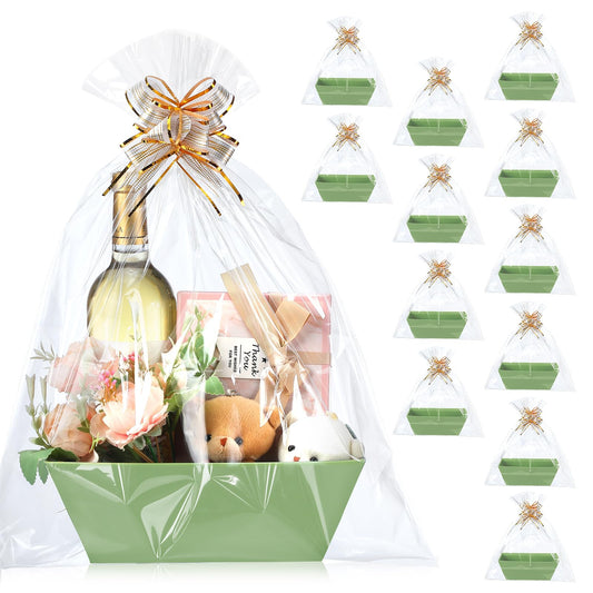 Thenshop 44 Pcs Basket for Gifts Empty Gift Basket Bulk Include 12 Cardboard Tray 12 Plastic Bags and 20 Pull Bows for Christmas Fall Halloween Birthday Wedding Party DIY Wrapping(Solid,Sage Green)