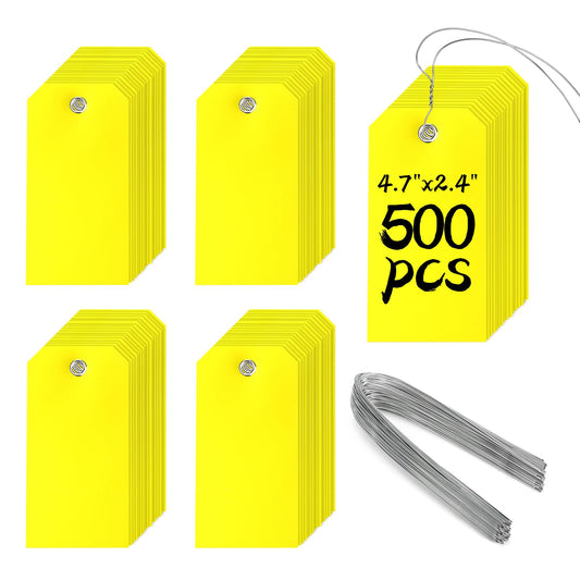 500 Pieces Plastic Shipping Tags with Wire Waterproof Hang Tags Heavy Duty Labeling Tags with String Wires Tags Labels Labeling Tags Stacking Tags for Equipment Car Parts (Yellow, 4 3/4 x 2 3/8)