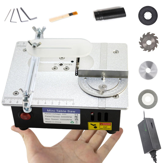 Mini Table Saw, RTOVZON 96W Mini Desktop Electric Saw Cutter 7.1"x5.5", Cut Thickness Adjustable Precision Craft Table Saw with Speed & Angle Adjust 4* Blades, Available for Wood/PCB/Acrylic/Plastic
