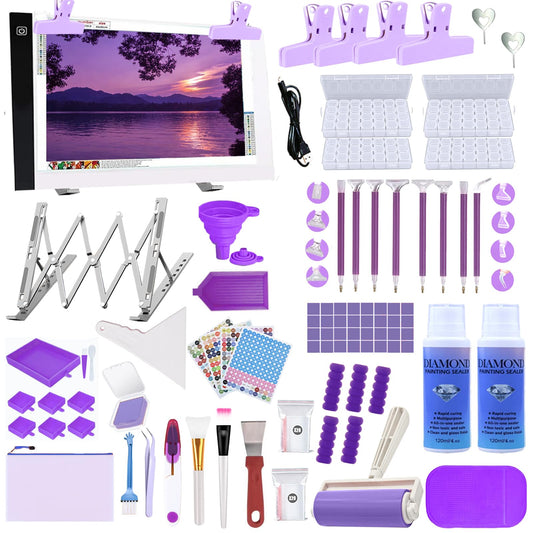 DNSGOOR 244Pcs All Inclusive Diamond Art Accessories Kit Diamond Painting A2 LED Light Pad Set with Diamond Art Sealer Glue Stand Storage Case Pens 5D Painting Tools for DIY Drill Craft