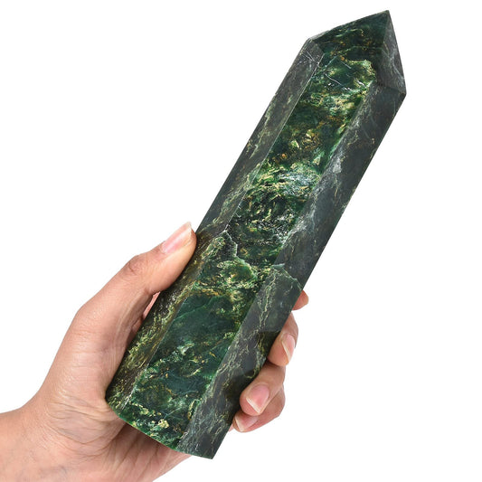AMOYSTONE Large Crystal Obelisk Emerald Quartz Tower Green Healing Crystal Wand Point 6 Faceted Reiki Meditation Stone 2.2-2.6 LBS