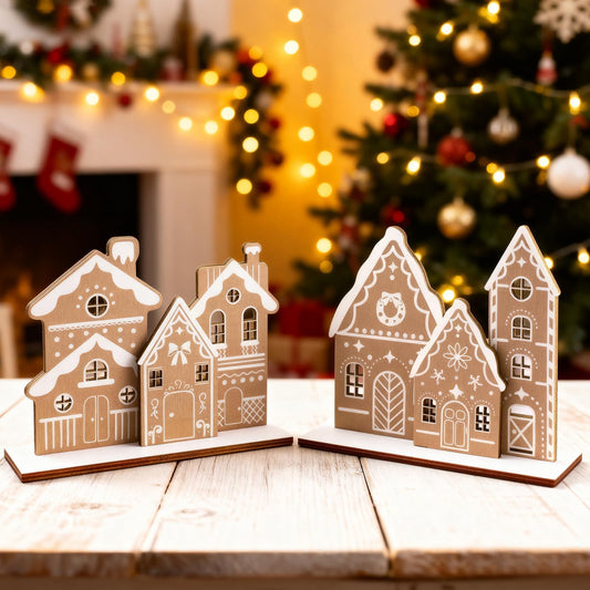 APUDWN Christmas Gingerbread House Table Decoration Wooden Gingerbread House Set with 6 Mini Houses and 2 Bases for DIY Farmhouse Holiday Display, Rustic Xmas Tabletop Centerpiece for Desk or Shelf