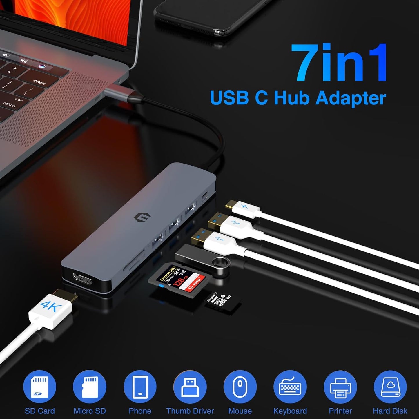 Tiergrade 7-in-1 100W 3 3.0, USB C Hub Multiport Adapter, USB C Docking Station with HDMI, PD, USB SD/TF Slot