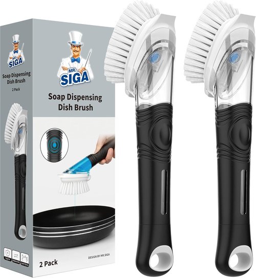 MR.SIGA Soap Dispensing Dish Brush - Efficient Kitchen Cleaning Tool for Pots & Pans | Black, Set of 2