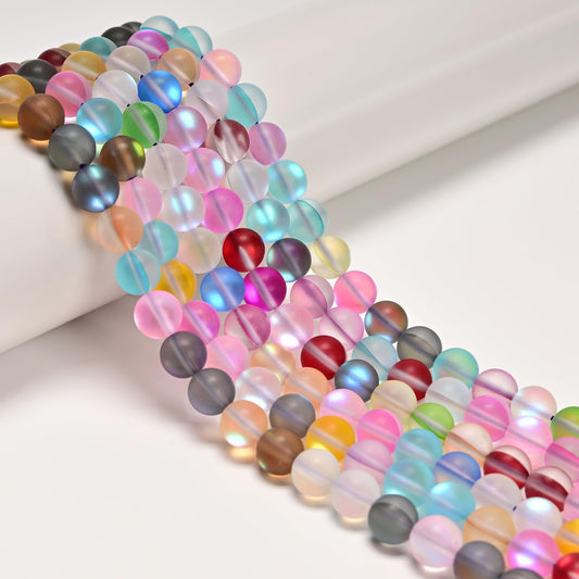 10mm Matte Mixed Color Mermaid Aurora Crystal Glass Bead, Glitter Round Synthetic Moonstone Beads for Jewelry Making Bracelets