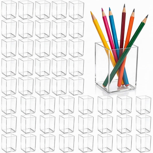 Wovnet 50 Pack Clear Acrylic Pencil Pen Holder Cup Square Makeup Brush Storage Organizer Bookmark Hairbrush Fork Holder 2.6 x 2.6 x 3.5 Inch Desktop Stationery Organizer Accessories for Office Home