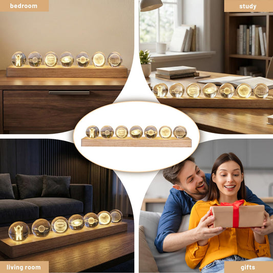 NewRiu 7 Chakra Natural Healing Spheres, LED Wooden Stand, 7 Colors 40mm Crystal Quartz Stones and Healing Stones for Meditation Attracts Lucky Chakra Decor Balls Set for Home Office (Starry Sky)