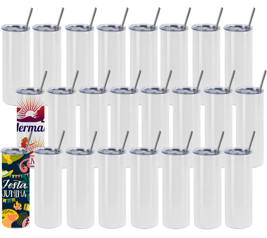 24 Pack Sublimation Tumblers Bulk 20 oz Skinny Straight, Sublimation Blanks Double Wall Stainless Steel Skinny Tumbler with Lid and Straw, Shrink Wrap Film, Individually Boxed, for Heat Press Machine