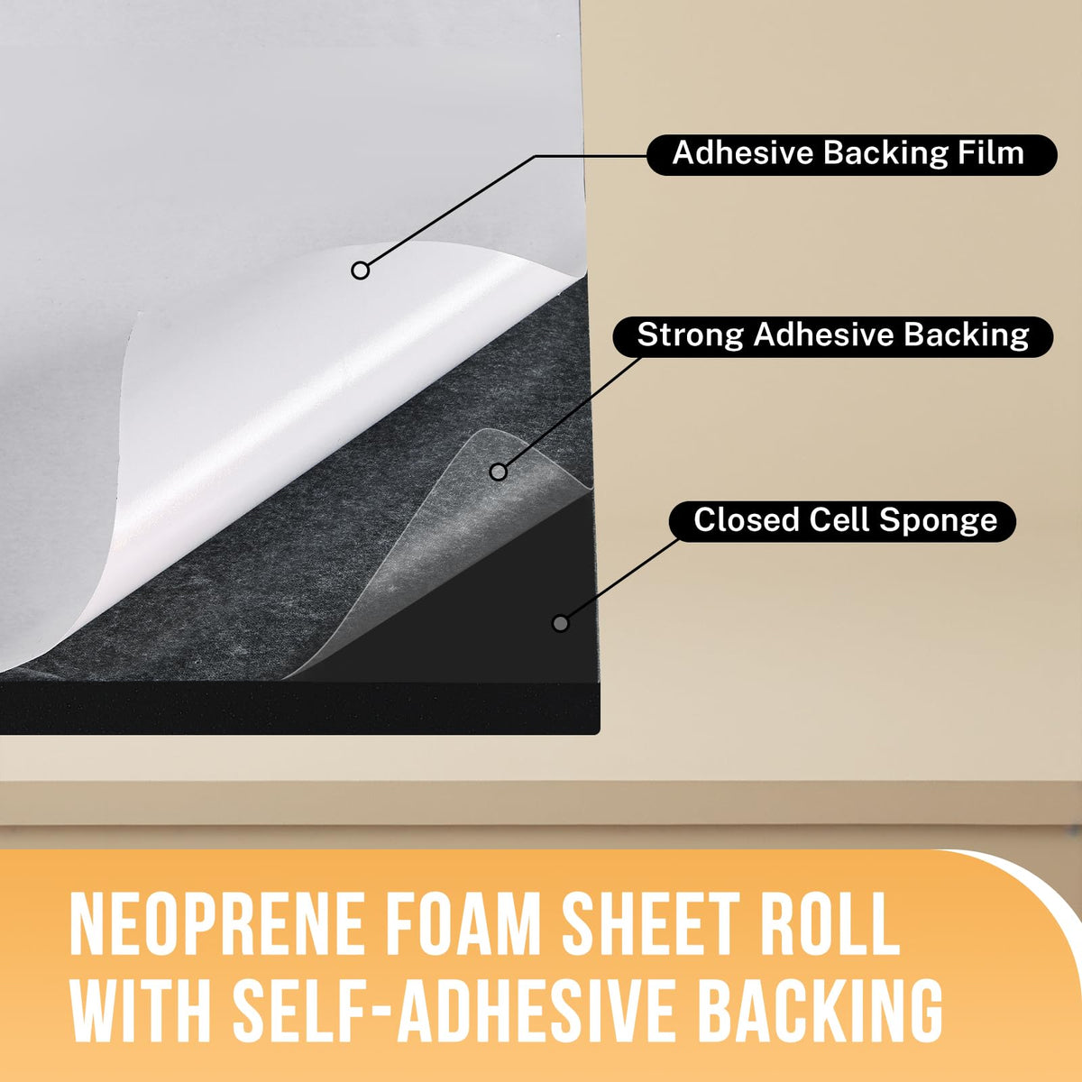 MYFULLY Neoprene Foam Sheet Roll with White Adhesive Backing, Closed Cell Sponge Rubber Padding, Soundproof & Waterproof Material for Cosplay, DIY, Crafts, Insulation (12 in x 59 in x 1/4 in)