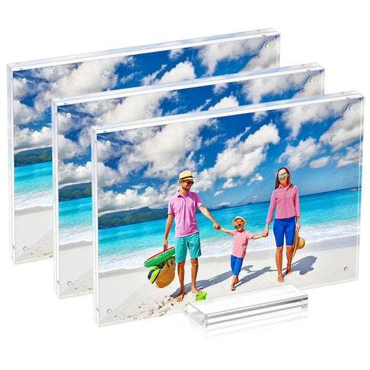 laapee 3 Pack 6x8 Magnetic Acrylic Picture Frame, Clear Double Sided Frame with Base, Frameless Floating Lucite Photo Frame Stands on Desk Table Horizontally or Vertically
