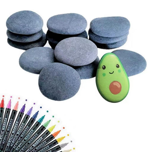 15x River Rocks for Painting, Flat Smooth Rock to Paint, Painting Rocks, Natural Slate Grey Pebbles Stones for Arts Crafting, with 12pcs Color Markers Pen (Bulk 15pcs 3-5 inch Large Size)