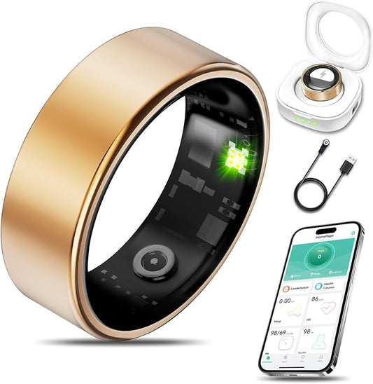 Smart Health Ring for Women Men Fitness Tracker with Heart Rate, Blood Oxygen, Blood Pressure, Sleep Monitoring, Step Counting, IP68 Waterproof for iOS and Android, No APP Fee, Gold 11