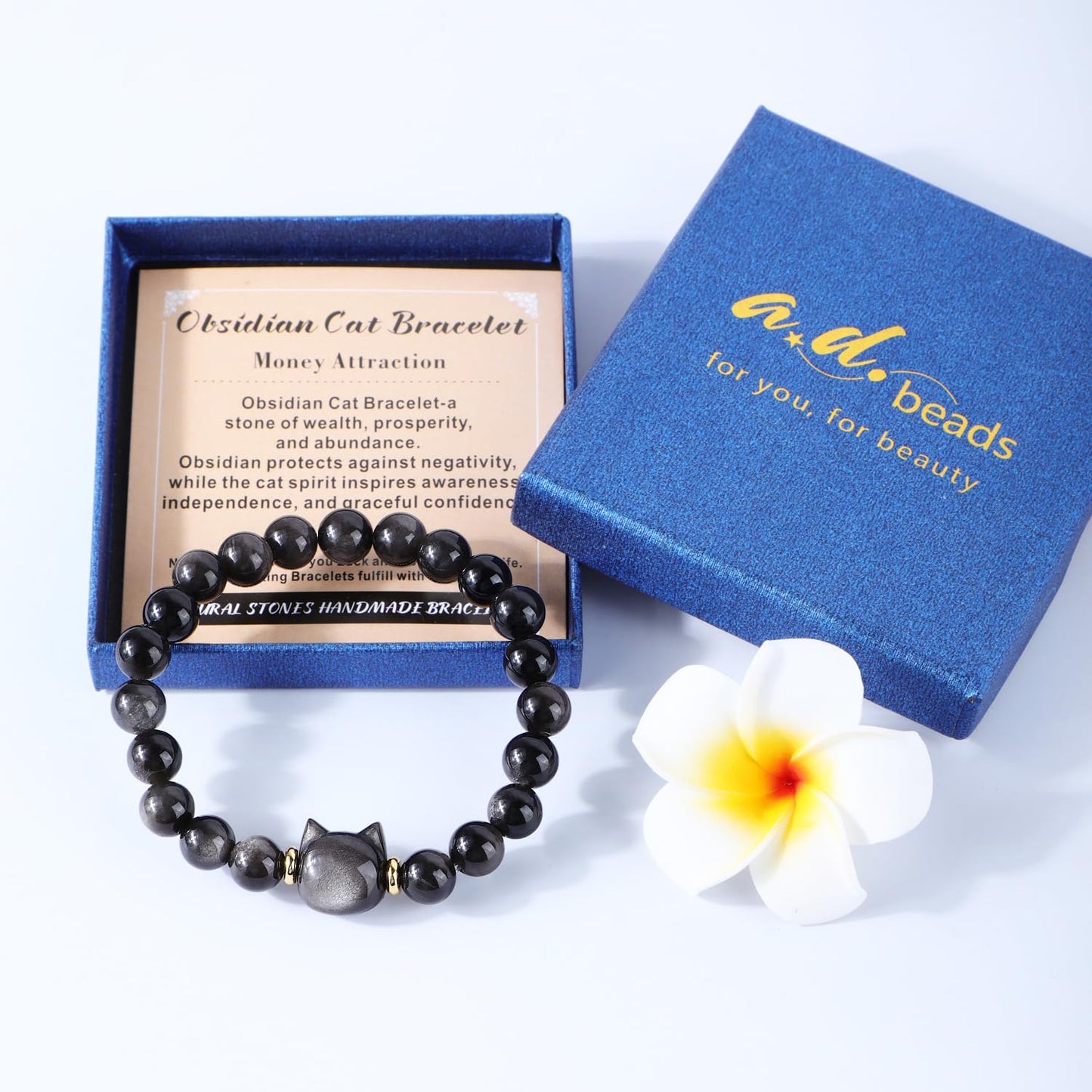 AD Beads 10mm Handmade Obsidian Cat Bracelet Elastic Bracelet – Natural Gemstone for Money Attraction – Meditation, Yoga, Healing and Energy Gift for Men Women