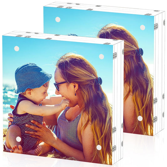 HELPLEX 2 Pack 8x8 Acrylic Picture Frames, 24mm Thicker Square Frameless Clear Frame Double Sided Magnetic Frame, Free Standing Desktop Display Stand Acrylic Frames
