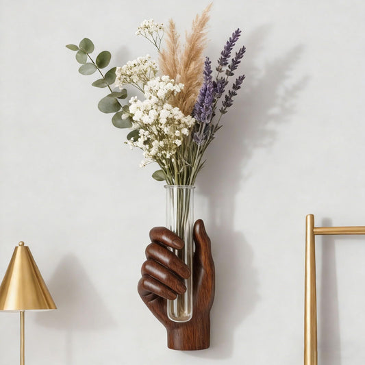 Wall Hand Vase,Vintage Art Decor,Life-Size Hand Sculpture with Glass Test Tube Vase,Unique Wall Art Statue for Indoor or Outdoor,Maximalist Boho Whimsical Decor, for Women (Wooden)