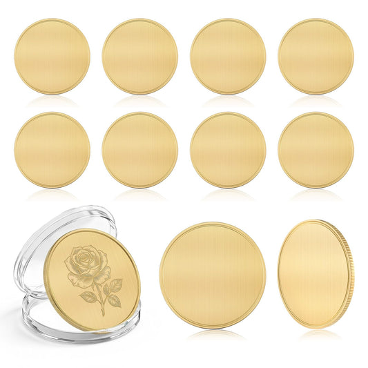 10 Pcs Blank Brass Challenge Coin for Laser Engraving, 40mm Engraving Blank Coins with Acrylic Protection Box, Unfinished Challenge Coin Blanks (Gold, Thickness 2mm)
