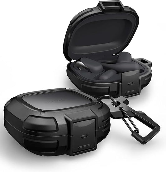 Dexnor for Shokz OpenFit 2 Case with Drop-Proof Lock, Shockproof Rugged Bumper Cases Protective Cover with Carabiner & Keyring & Cleaner Kit for Shokz OpenFit 2 (2025) Black