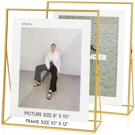 Jajamy Gold Floating Picture Frame Set of 2, 10"x12" Glass Pressed Flower Picture Frames, Tabletop Standing Glass Floating Frame for 8x10 Photo Display