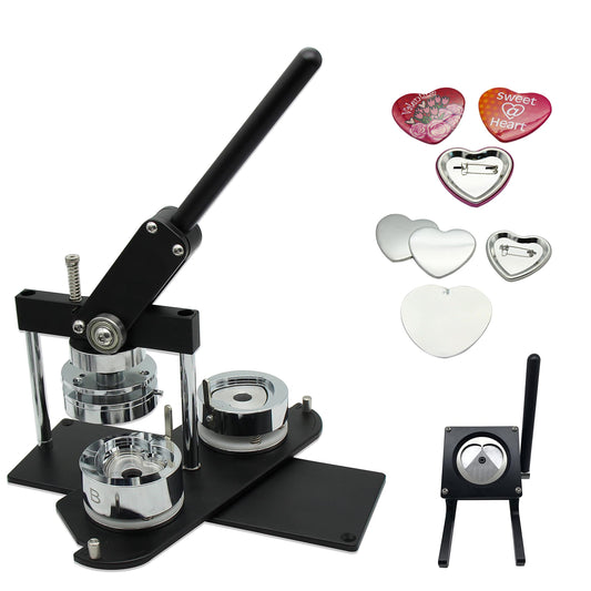 ChiButtons (KIT) Heart 53x57.5mm Pro Badge Machine Button Maker-B400 + Mould + 100 Parts + Stand Cutter Metric System (Black)