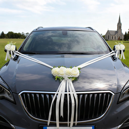 CusDusk White Wedding Car Decoration Kit – Floral Hood Arrangement, Side Mirror Flowers, Satin Ribbons & Door Handle Bows Tapes for Bridal Weddings Vehicles