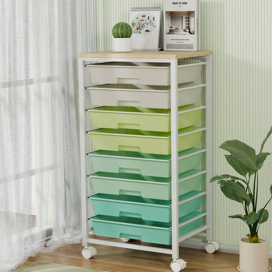 Rolling Storage Cart with 8 Drawers & Wooden Tabletop, Utility Cart On Wheels for Craft Storage, Home, School, Bedroom, Living Room, Dorm, Office, Classroom Storage Organizer Cart, Green, White