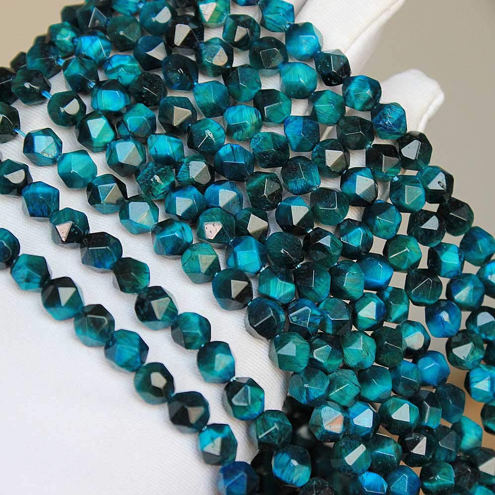MJDCB Best Sellers Natural Stone Beads Faceted Polygon Sky Blue Tiger Eye Crystal Energy Stone Healing Power for Jewelry Making(8mm)