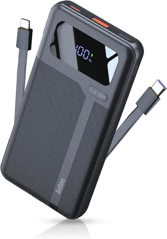 Antteez 10000mAh 22.5W Pack 4 2 Portable Charger with Built in Cable - Fast Charging Power Bank USB C LED Display