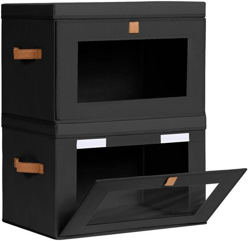 Homsorout Collapsible Storage Bins - Large Stackable Organizer Bins with Handles & Window | 2 Pack, Black