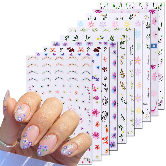 10Sheets 3D Flower Nail Art Stickers - Colorful Daisy, Pink White Floral Leaf, Cherry Blossom Designs - Summer Sliders French Stickers for Women Nail Tips Decoration