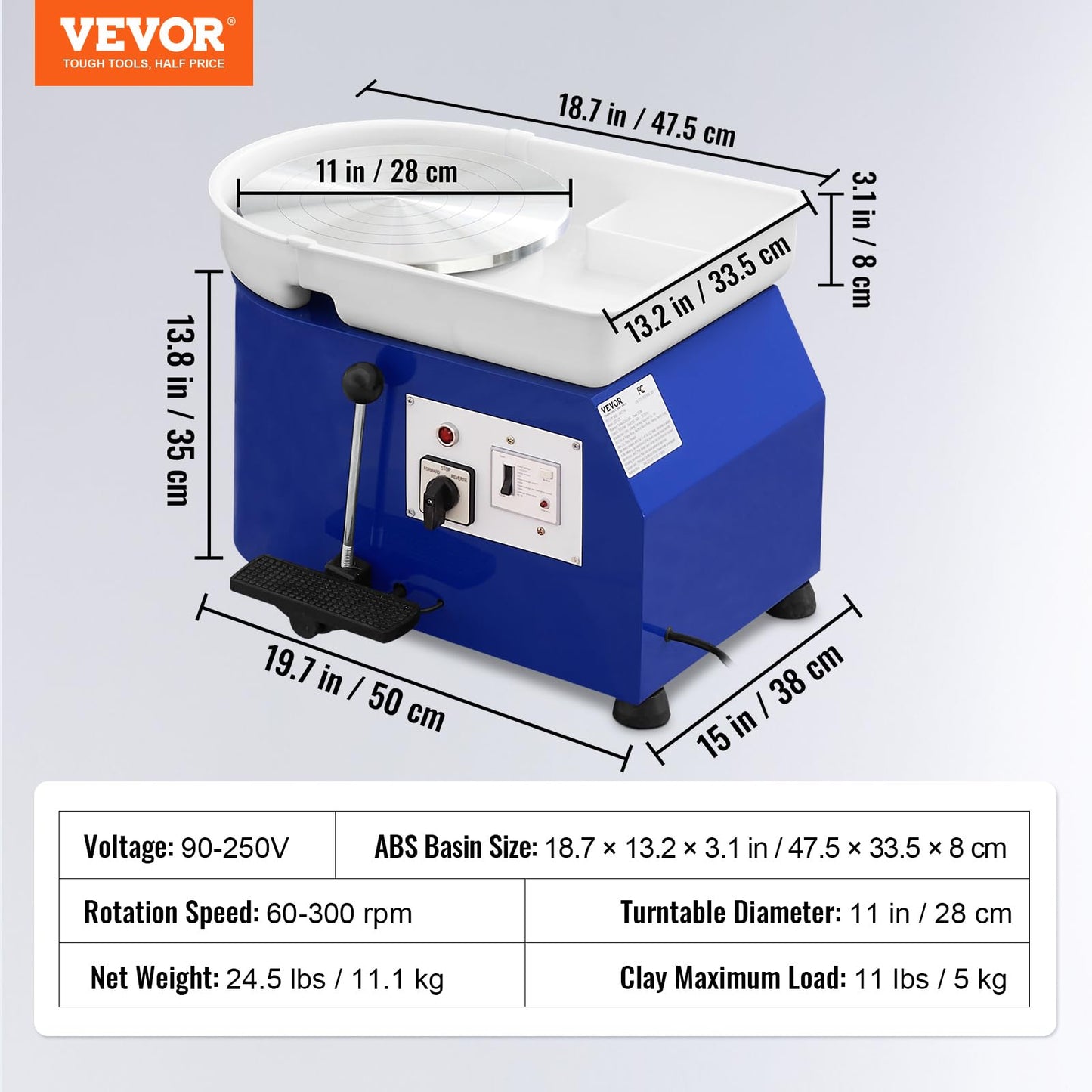 VEVOR 11inch Pottery Wheel, 350W Ceramic Wheel Forming Machine, Adjustable 60-300RPM Speed Handle and Foot Pedal Control, ABS Detachable Basin Sculpting Tool Apron Accessory Kit for Work Art Craft DIY