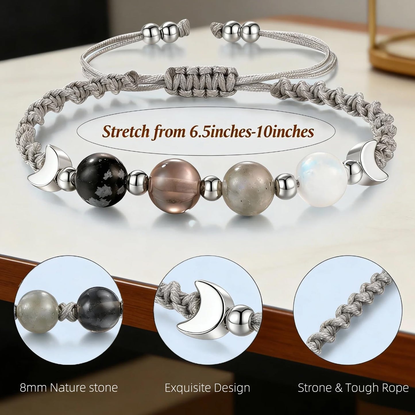 MIFYNN Moon Phase Bracelet for Women Crystal Healing Bracelet Natural Moonstone Beaded Bracelets Meditation Relaxation Crystal Bracelet Friendship Jewelry Gifts (A.)