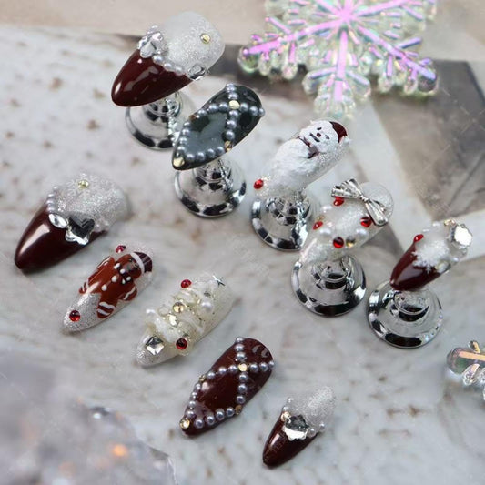 100% Handmade Press on Nails Christmas Press on Nails Medium Almond Shape Dark Red French Tips Snowman Design Rhinestones Christmas Tree Gingerbread Man Wintner Xmas Nails for Women Size M