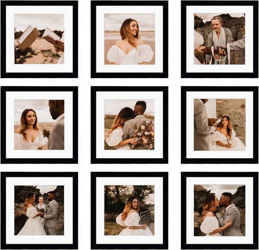 BSRHOME 10x10 Picture Frame Set of 9, Display Pictures 8x8 with Mat or 10x10 without Mat, Multi Collage Gallery Square Photo Frames for Wall or Tabletop,Black