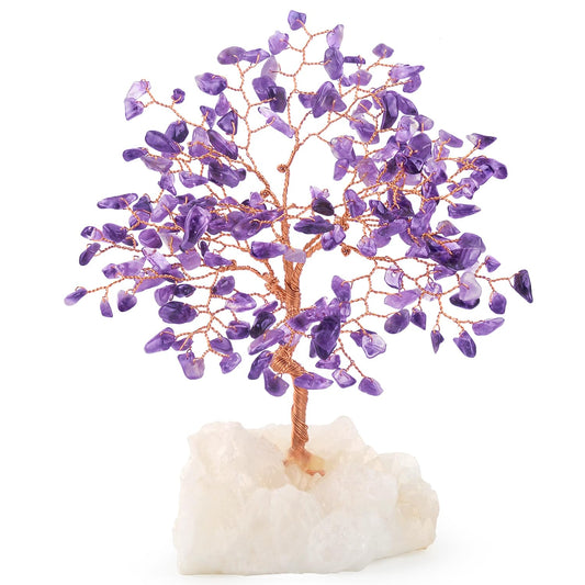 MASGEMES Natural Amethyst Crystal Tree of Life,Clear Quartz Cluster Base,Healing Crystals Positive Energy Gem Money Tree Bonsai,Feng Shui Decor,Spriture Gift Size 5.5"-6.3"