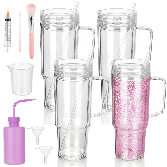 40 Oz Snow Globe Tumbler Supplies 4 Pack Acrylic Snowglobe Tumblers Cups with Handle Clear Pre-Drilled Double Wall Snow Globe Tumbler Starter Kit for DIY Glitter Tumblers