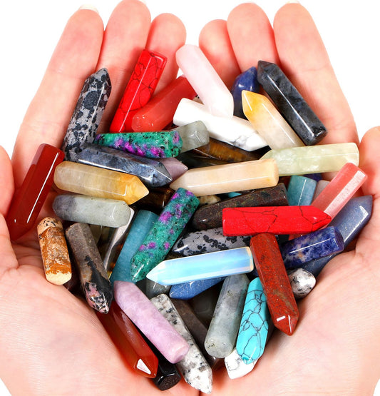 QINJIEJIE 64PCS Crystals Wands Stones Set Bulk Crystal Points Rose Quartz Amethyst Tiger Eye Gemstones Hexagonal Polished Indoor Fountain Chakra Stone Decor for Garden Energy Balancing Witchcraft