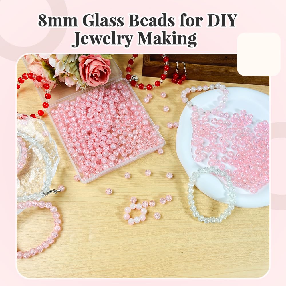 PAMIR TONG 400pcs 8mm Round Glass Beads for Bracelet Pretty Smooth Loose Beads for Necklace-Earring-Jewelry Making and DIY Crafts (Crackle Pink)