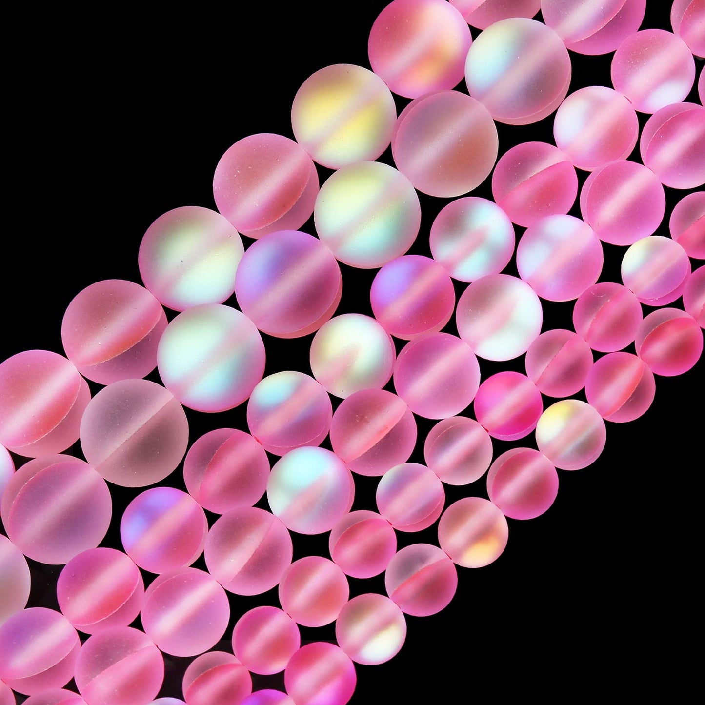 Matte Pink Aurora Crystal Glass Beads, 8MM Frosted Glitter Shining Mermaid Round Loose Beads, Rainbow Holographic Synthetic Moonstone for Jewelry Making DIY Bracelet