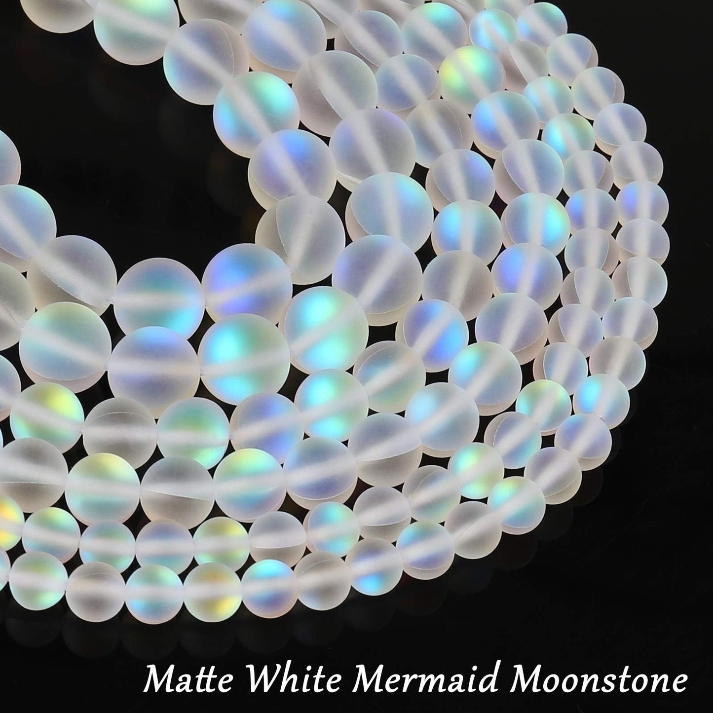Matte White Aurora Crystal Glass Beads, 10MM Frosted Glitter Shining Mermaid Round Loose Beads, Rainbow Holographic Synthetic Moonstone for Jewelry Making DIY Bracelet