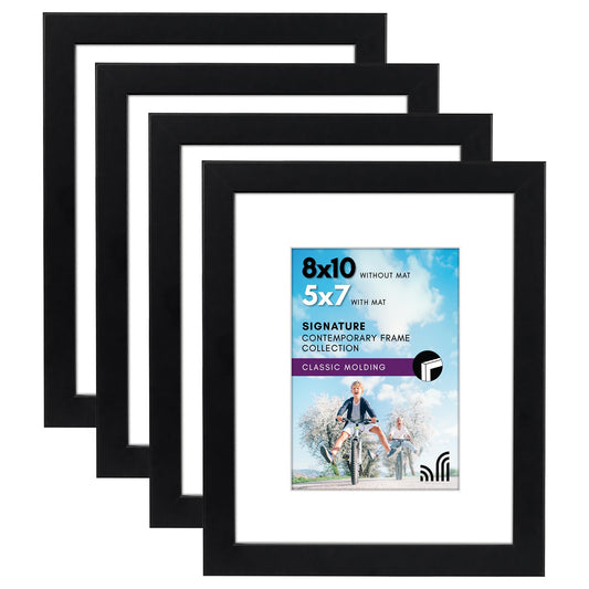 Americanflat 8x10 Picture Frame with Shatter-Resistant Glass - Set of 4 - Use as 5x7 Frame with Mat or Display 8x10 Photo Without Mat - Signature Collection - Photo Frames for Tabletop or Wall - Black