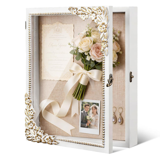 JeSemGro 11x14 Shadow Box Frame - Vintage Gold & White Wood Display Case with Metal Latch & Real Glass - Large Memory Box Shadowbox for Wedding, Graduation, DIY - Pet Memorial & Loved One Remembrance