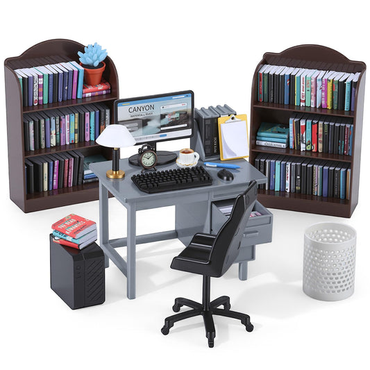 1:12 Scale Mini Desk Set with 100 Mini Books & 2 Bookshelves — Miniature Dollhouse Furniture Set with Office Chair, Computer & 15+ Accessories — Mini Desk Accessories for Doll House Diorama